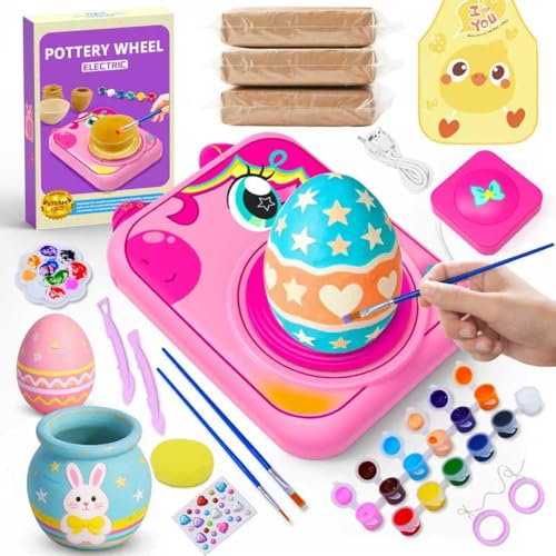Easter Pottery Wheel for Kids,Easter Girls Arts and Crafts Toys for Kids Ages 8-12,Pottery Craft Kit with 3 Pack Air-Dry Clay, Art Supplies for Kids Toys Girls Birthday Gift for 6 7 8 9 10 11 12+
