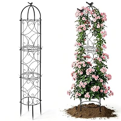 100% Metal 6.1 Ft Garden Obelisk Trellis for Climbing Plants, Rustproof Coated Floral Scrollwork Plant Support with Bird Finial, for Tomato, Rose, Grape, Cucumber, Vines, Indoor/Outdoor Black