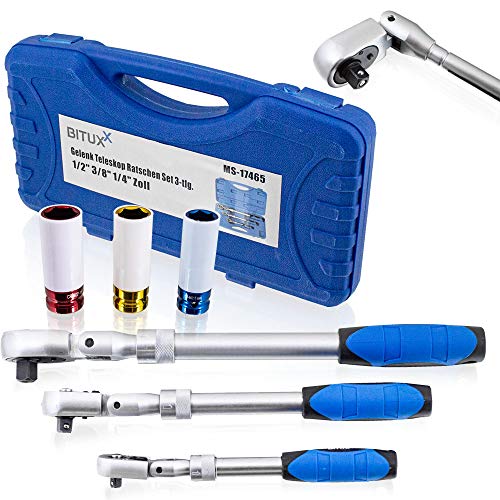BITUXX 3 tlg Teleskop Gelenk Ratschen 1/4 3/8 1/2 90° Knarre ausziehbar Umschaltknarre Set inkl Felgenschutz Schlagnüsse Nüsse (17 mm / 19 mm / 21 mm) für PKW Auto KFZ Radwechselset