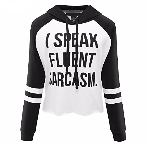 Long Sleeve Crop Top Hoodies for Teen Girl Light Weight Funny Words Pullover White Medium