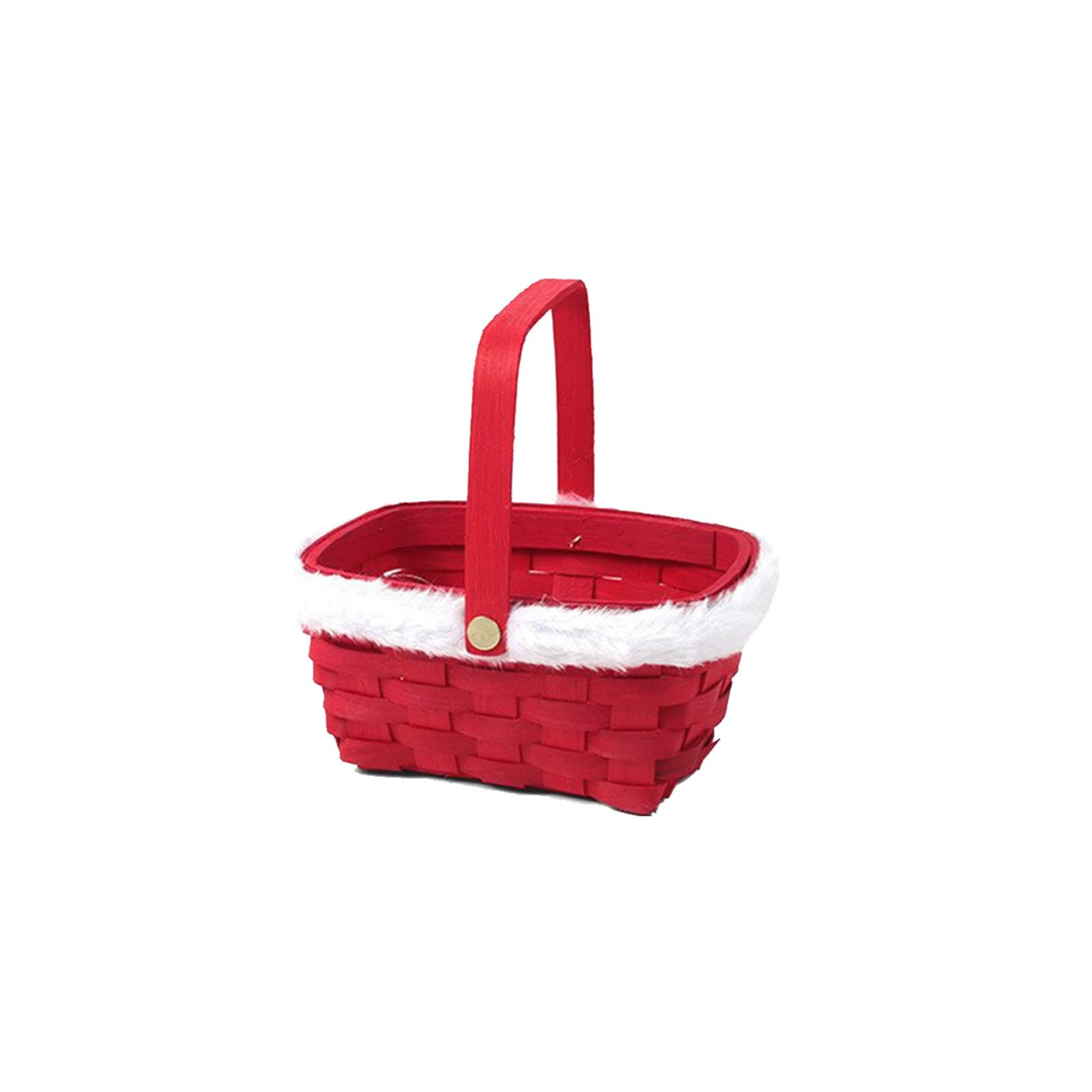 Christmas Baskets for Gifts Empty Handmade Woven Gift Basket with Wooden Handle & Soft White Fur Edges Small Storage Container for Xmas Holiday Party Organizing Fruit Candy (Red)