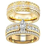 ringheart 2 Rings Yellow Gold Plated His and Hers Rings Couple Rings Cz 3pcs Womens Wedding Ring...