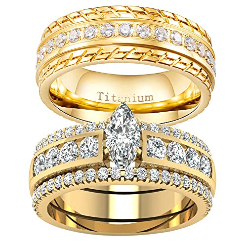 ringheart 2 Rings Yellow Gold Plated His and Hers Rings Couple Rings Cz 3pcs Womens Wedding Ring Sets Titanium Steel Mens Wedding Bands