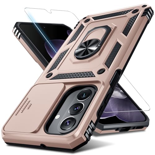 Janmitta Compatible with Samsung Galaxy A26 5G Case Built in Slide Camera Lens Cover+Screen Protector+Finger Ring Holder Kickstand,Heavy Duty Shockproof Full Body Phone Cover,2025 Rose Gold