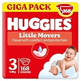 HUGGIES   Little Movers   Couches bébé taille 3 (4 9kg)   Absorbtion rapide, Pas de Fuite, jusqu'à 12h au Sec   Confort & Protection   Ceinture extensible ultra douce   Pack 1 mois 168 Couches