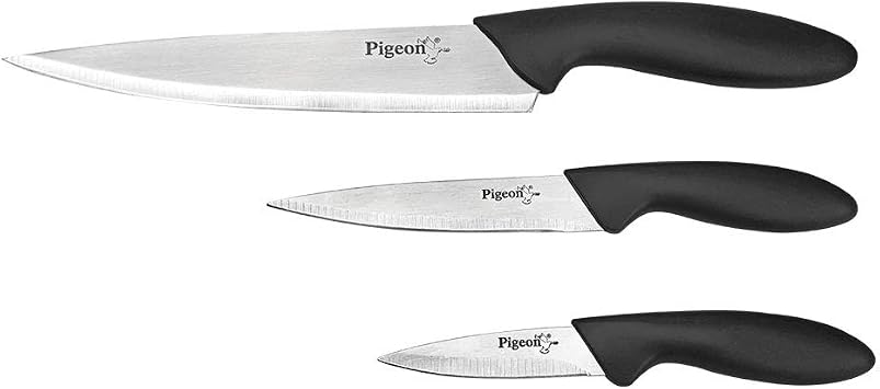 Pigeon 3-Piece Knife Set with Contoured Handle, Utility, Paring & Chefs Knife Set for Kitchen, Razor-Sharp Stainless Steel Blades, Lightweight, Dishwasher Safe, Ideal For Meat, Veggies, Herbs & Nuts