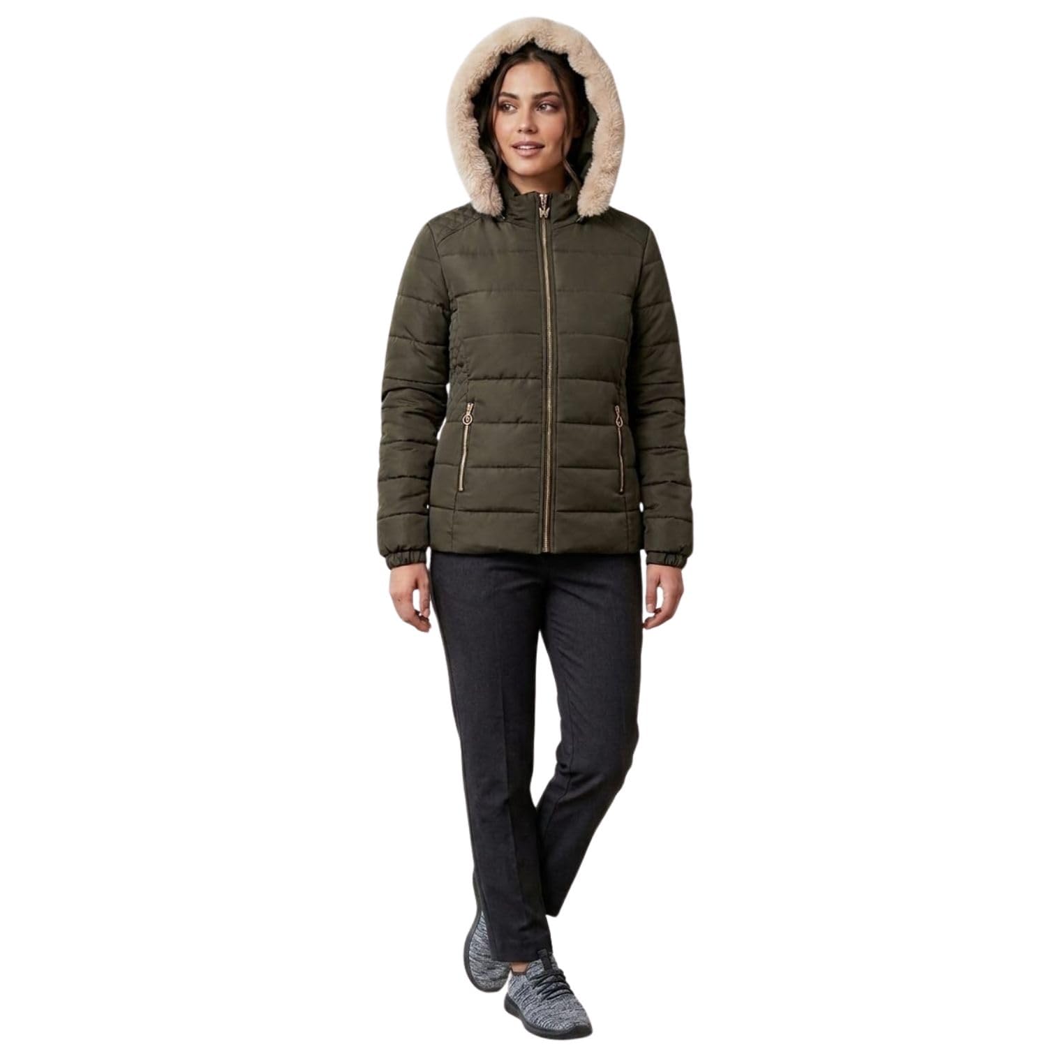 Women’s Winter Hooded Puffer Jacket with Fur Hood | Quilted Full Sleeve Zip-Up Warm Casual Jacket | Olive Green Stylish Winter Wear for Women-picture-42