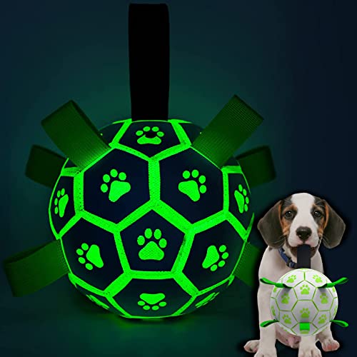 QDAN Glow in The Dark Dog Toys Soccer Ball with Straps, Outdoor Interactive Dog Toys Puppy Birthday Gifts, Dog Tug Water Toy, Light Up Dog Balls for Small & Medium Dogs（6 Inch Size 2） Glow i