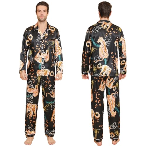 Mens Satin Pajama Sets color Pattern Long Sleeve Top and Long pants Silky Button Sleepwear2