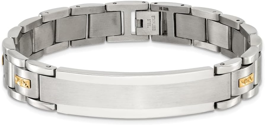 Stainless Steel Brushed and Polished with Diamond-cut 14K Gold Accent ID Link Bracelet for Men 8.5"", White, AFJ-QG-SRB3202-8.5-PK