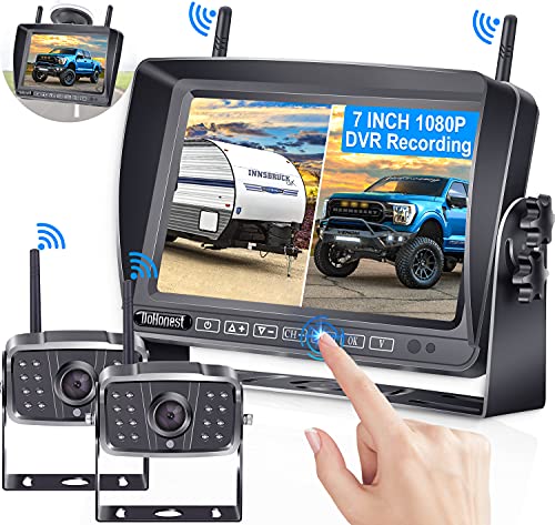 RV Backup Camera Wireless, DoHonest V23 HD 1080P 2 Rear View Cameras 7 Inch DVR Touch Key Monitor Stable Digital Signal System, Support 4 Cameras with Furrion Pre-Wired for RVs,Trailer,Truck,5th Wheel