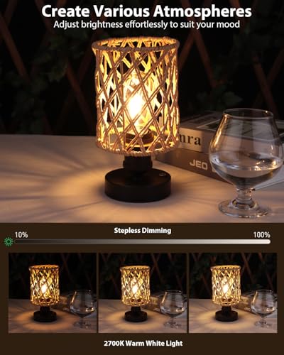 Cordless Outdoor Table Lamps, Small Rattan Boho, Rechargeable Battery Operated for Outdoor Patio, Home, Living Room, Bedroom, Bedside - Set of 2 (Beige-A) - Image 6