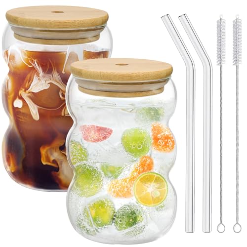 Forbabe Matcha Latte in vetro, 2 bicchieri da 550 ml, con coperchio e cannuccia, bicchieri in vetro macchiato, bicchieri da cocktail, bicchieri da caffè con spazzola e cannuccia