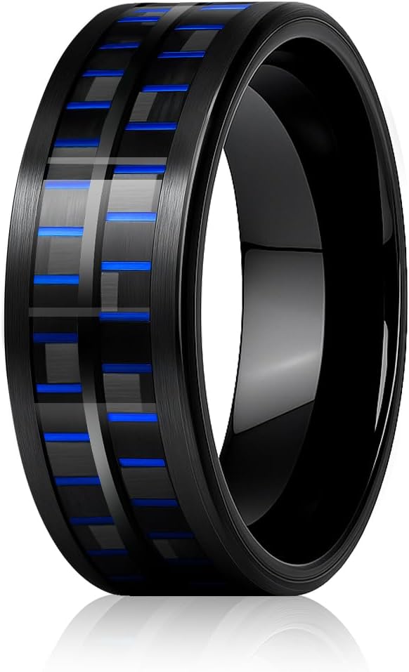 Mens Wedding Band Tungsten Rings: 8mm Black Wedding Bands Rings for Men Tungsten Ring With Carbon Fiber Inlay Engagement Bands Gift Band for Man - Promise Rings for Him Comfort Fit Size 8-12