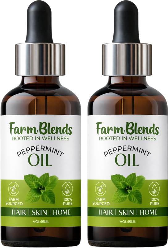 Image of Farm Blends Peppermint Essential Oil 100% Undiluted Pure | Headache Relief, Anti Acne, Anti Dandruff, Relaxes Muscle, Cough Relief, Keeps Rats Away | Farm To Home | Natural | Mentha piperita|15ML + 15ML (Pack of 2)
