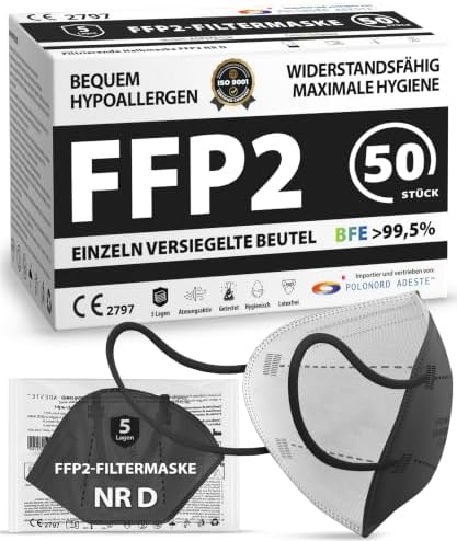 Polonord Adeste 50x FFP2 Maske Schwarz CE-zertif | Einzelversiegelte Beutel | Hygienische 5-lagige Staubschutzmaske | EN149:2001+A1:2009 | Mundschutzmaske EU2016/425 | Hypoallergen