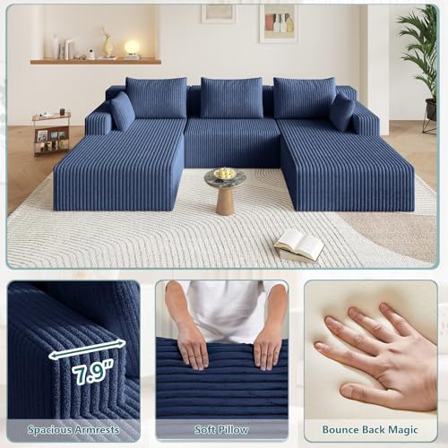 Image of 107 inch U-Shape Cloud Couch, Modern Modular Sectional U-Shape Sofa, Corduroy Boneless Couch Upholstered Couches Deep Seat Sleeper Chaise Longue for Living Room, No Assembly Required,Blue
