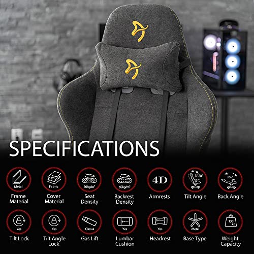 Arozzi Verona Signature Premium Upholstery Soft Fabric Ergonomic Computer Gaming Chair Office Chair With Recliner Swivel Tilt Rocker 4D Armrests Neck And Lumbar Pillows - Dark Grey With Gold Accents #TOP3