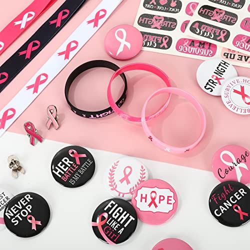 Whaline 84Pcs Breast Cancer Awareness Gifts Set Include Pink Ribbon Lanyard Pins Silicone Bracelets Tattoo Stickers Buttons Badges For Breast Cancer Charity Event Survivor Campaign Party Supplies #TOP6