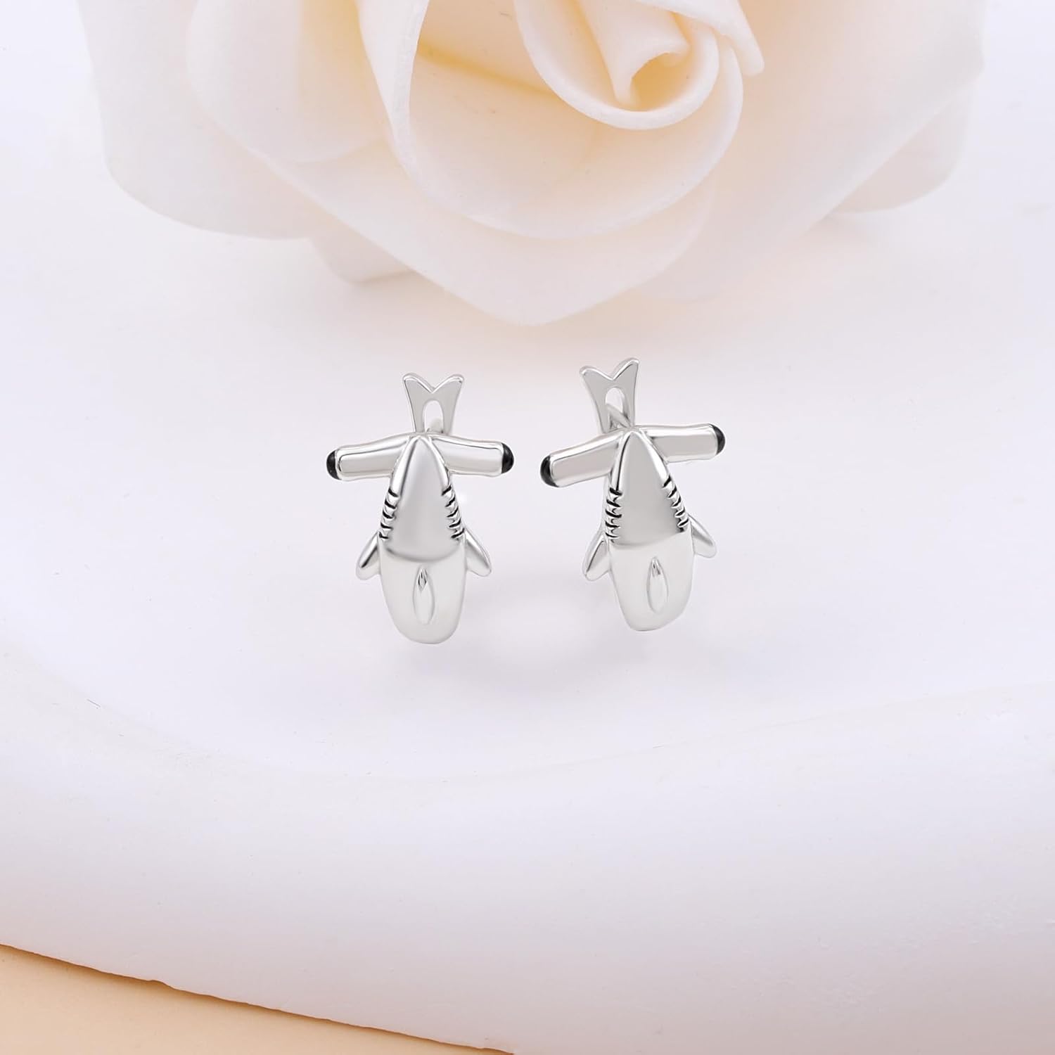 925 Sterling Silver Shark Hoop Earrings - Hypoallergenic Hammerhead Shark/Shark/Dragonfly Dangle Earrings Cute Ocean Animal Sea Shark Hoop Jewelry Gift for Women - Image 4