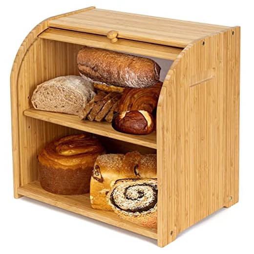 Purbambo Bamboo Bread Box for Kitchen Counter, Double Layer Roll Top Bread Keeper Food Storage Container with Adjustable Shelf