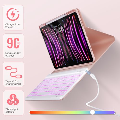 Image of OYEEICE Keyboard Case for iPad Air 13-inch (M2) 2024 | for Pro 12.9-inch 6th /5th /4th /3rd Gen 2022, 360 Rotatable, 7-Colors Backlit Wireless Keyboard, Slim Folio with Pencil Holder