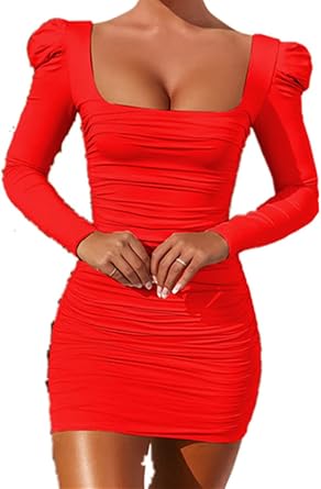 Women Deep V Neck Long Sleeve Fitted Mini Party Club Bodycon Sexy Dress