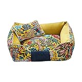 GOODPPY Washable Dog Bed with Fully Removable Cover, Luxury Floral Canvas Dog Bed with Durable Sides and Pillow for Medium Dogs, M
