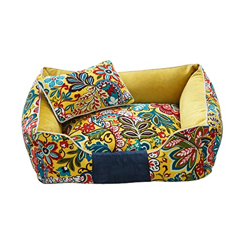 GOODPPY Washable Dog Bed with Fully Removable Cover, Luxury Floral Canvas Dog Bed with Durable Sides and Pillow for Medium Dogs, M