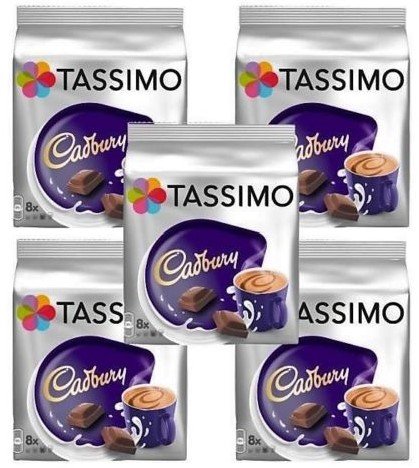 TASSIMO Cadbury Hot Chocolate Drink 16 Discs, 8 Servings (Pack of 5, Total 80 Discs/pods, 40 Serving