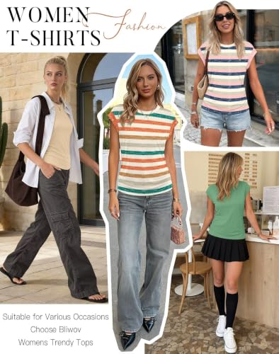Image of Bliwov Womens Summer Tops Cap Sleeve Crew Neck Casual T Shirts
