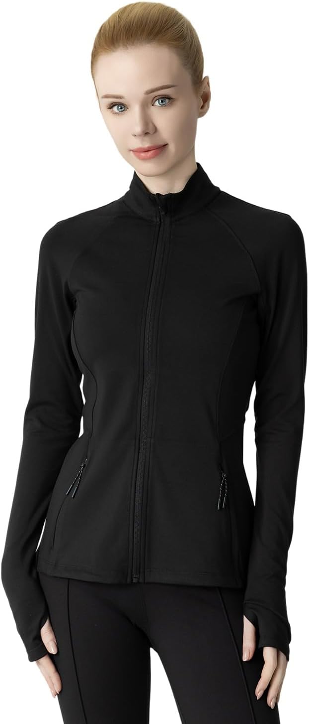 Women's Slim-Fit Zip-Up Jacket - 2 Side & Back Zip Pockets, Thumbholes, Moisture-Wicking for Tennis/Running