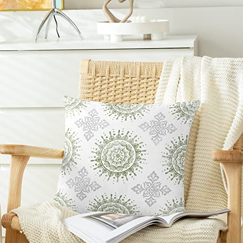 Calitime Throw Pillow Cases Pack Of 2 Cozy Fleece Mandala Floral Medallion Compass Decorative Cushion Covers For Couch Bed Sofa Farmhouse Decoration 18 X 18 Inches Sage Green Grey #TOP3