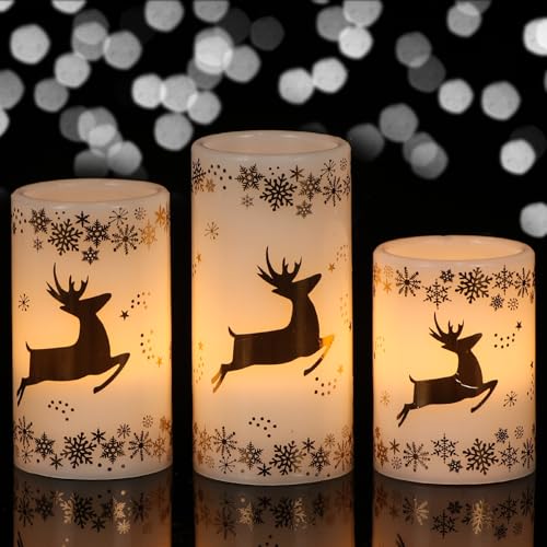 Image of KunSween Christmas Flameless Candles with 6H Timer, 3 Pack LED Flickering Candles with Gold Deer Decals and Real Wax, Christmas Winter Decorations for Home Indoor Table Centerpieces