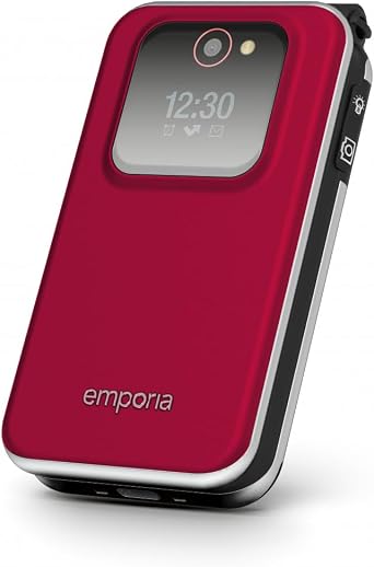 Emporia JOY Flip Mobile Phone, ideal for the elderly, large 2.8" screen, external screen for caller ID, 2MP camera, charging cradle included, unlocked. easy to use - Red