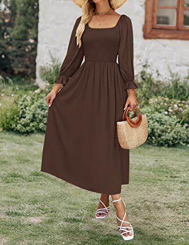 Zesica Women's Casual Square Neck 3/4 Puff Sleeve Solid Color Smocked High Waist Flowy Midi Dress,Coffee,Small #TOP21