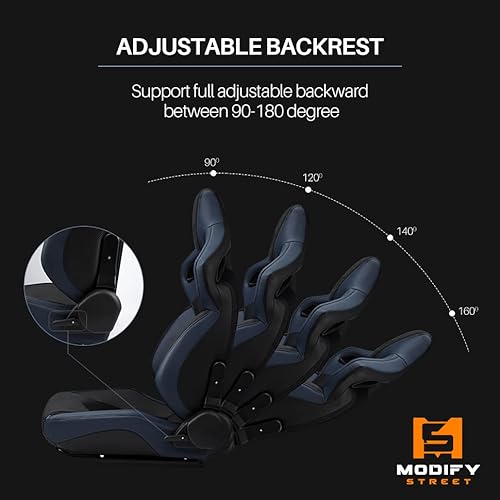 Modifystreet Universal Black+Blue Pvc Leather Reclinable Racing Seats Pair - Dark Knight Series #TOP5