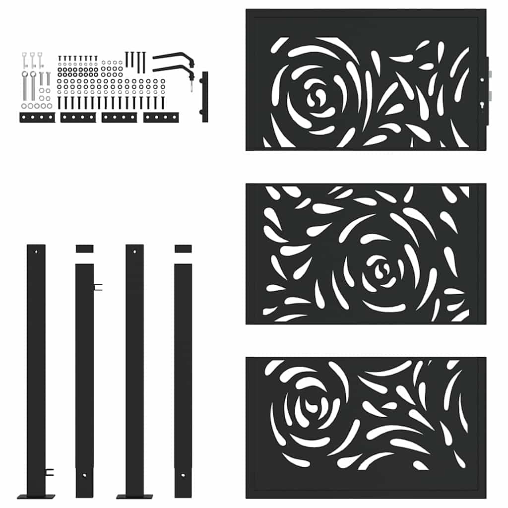 Gecheer Cancello da Giardino, Design Laser Elegante 110x155 cm in Acciaio corten Nero con Sistema di Chiusura e montanti Inclusi for Ingresso Giardino Patio vialetto