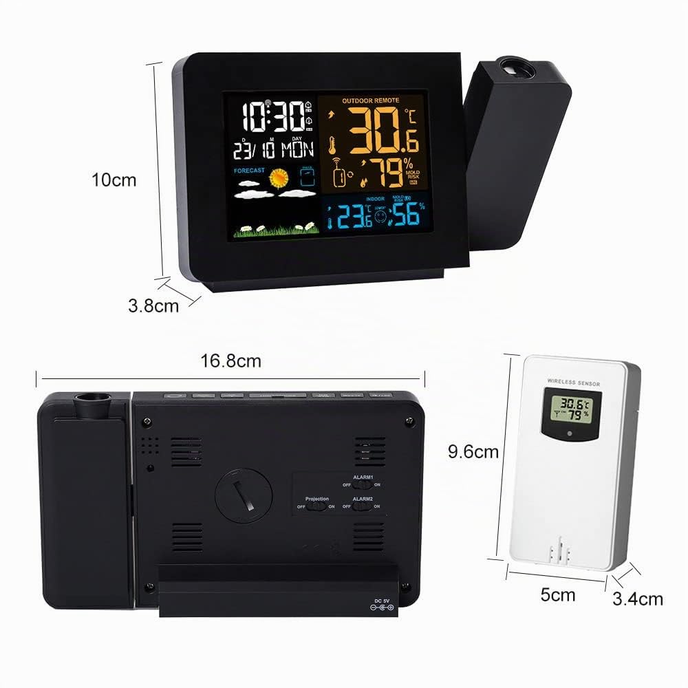Reveil Projecteur Plafond Station Meteo sans Fil Reveil Numerique Thermomètre Hygromètre Intérieure Extérieure Prévision Météorologiques Baromètre Horloge Météo avec Capteur
