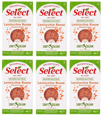 6x Select Lenticchie Rosse Decorticate Lentejas Rojas Peladas 100% Legumbres Italianas Papel Embalaje de 400g