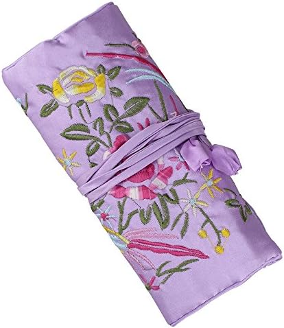 SuoSuo Jewelry Roll,Light Purple Travel Jewelry Roll Bag,Silk Embroidery Brocade Jewelry Organizer Case with Tie Close