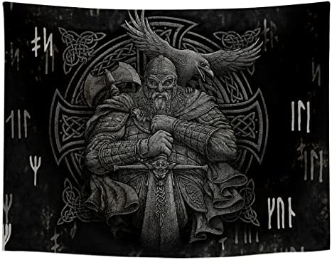 ST SoleMe.Tc Norse Viking Tapestry Odin Warrior Sword Axe Raven Tapestries Square Knot Tattoo Art Wall Hanging Nordic Meditation Runes for Men Bedroom Aesthetic Room Home Decor 80" X 60"