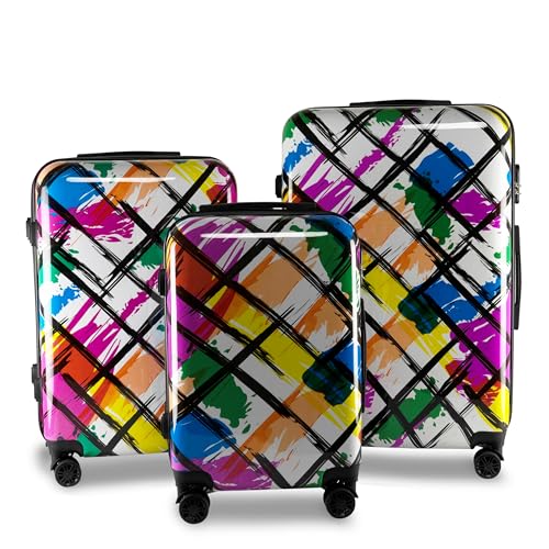 Xonic Design Reisekoffer - Hartschalen-Koffer mit 360° Leichtlauf-Rollen - hochwertiger Trolley mit Zahlenschloss Polycarbonat in M-L-XL oder Set (Color Art, Set)