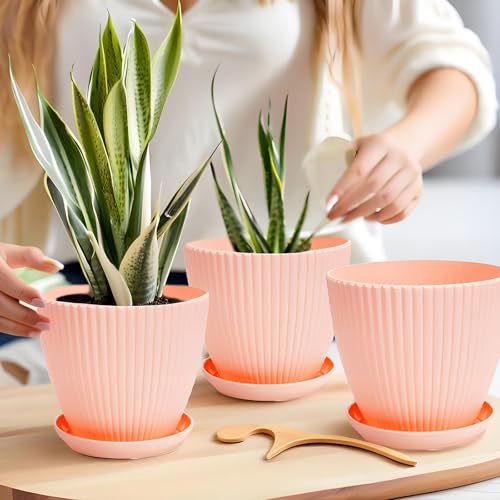 MUXINCAMP 7 Inch Large Plant Pots, 6 Pack Flower Pots with Drainage Hole and Tray Saucer Plastic Plant Pot for Outdoor Indoor House Plants and Flowers Herbs (Light Pink) by MUXINCAMP - Used condition - Image 3