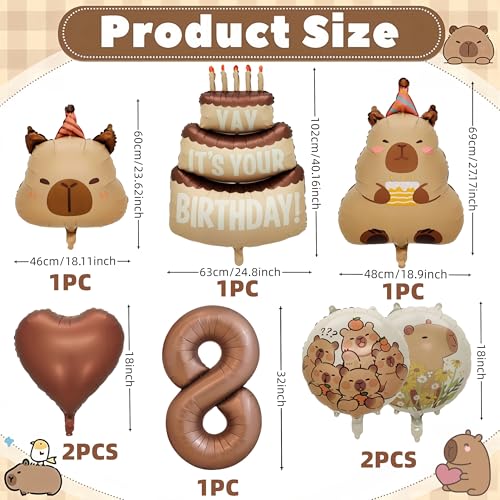 Image of Capybara Birthday Foil Balloon Set, 8-Piece Party Decor (8) | Reusable foil balloon set with capybara, cake,number . Perfect for birthday, baby shower, gender reveal & themed parties
