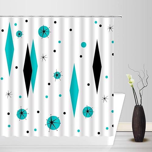 Miniatura 1 de Cortina de ducha de mediados de siglo, moderna abstracta con diamantes atómicos, lunares, retro, de los años 50, decoración geométrica para baño,