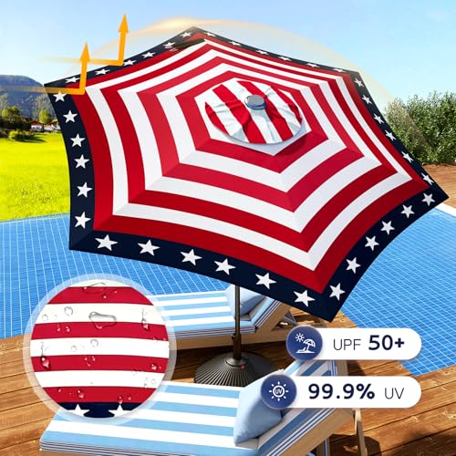 Image of Abba Patio 9FT Lyon Outdoor Patio Umbrella Outdoor Table Umbrella with Push Button Tilt and Crank Market Umbrella 6 Sturdy Ribs UV Protection Waterproof for Garden Deck Backyard Pool, Star-Spangled