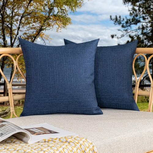 Image of Kevin Textile Outdoor Waterproof Cushion Covers 45x45 cm Set of 2 Checkered Texture Faux Linen Water Resistant Seat Cushions Cover 18x18 Inch for Garden Patio Couch Sofa Chair Seats, Navy Blue