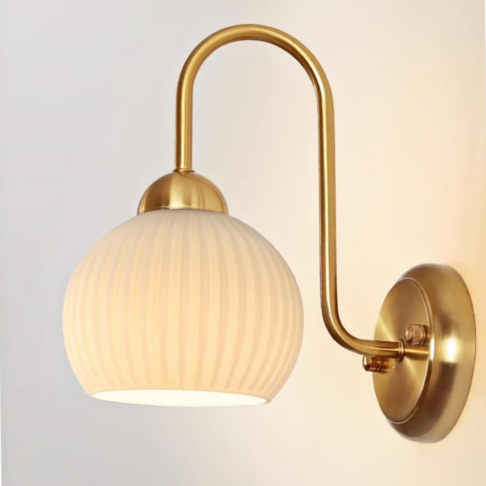 KBUUKYYXouy Gold Milk Glass Wall Sconce Vintage Mid Century Wall Sconce Gooseneck Farmhouse White Glass Wall Light Fixture Antique Wall Mounted Lamp for Bedroom Living Room Bathroom Staircase