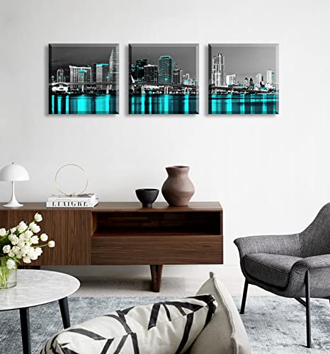 Blinfeiru Miami Skyline Wall Art Black White And Teal Blue Florida Panorama Cityscape Posters Pictures Canvas Prints City Night View For Home Wall Decorations 3 Panel Framed Ready To Hang #TOP5